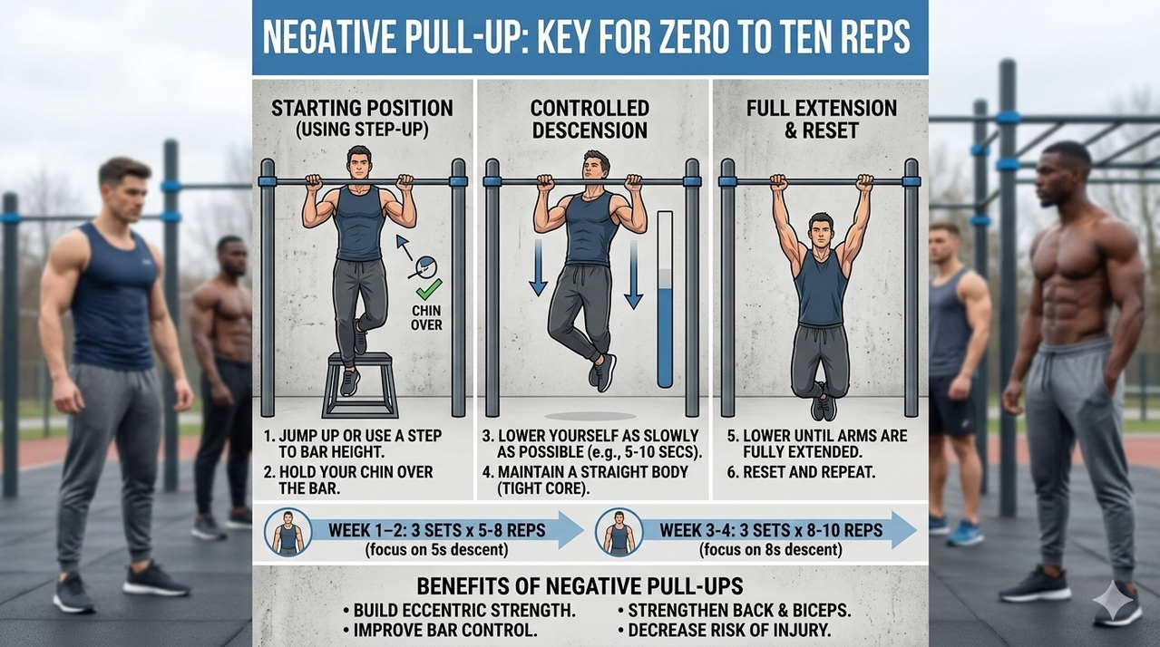 Person performing negative pull-up, lowering slowly from bar for how to do a perfect pull-up from zero to ten reps