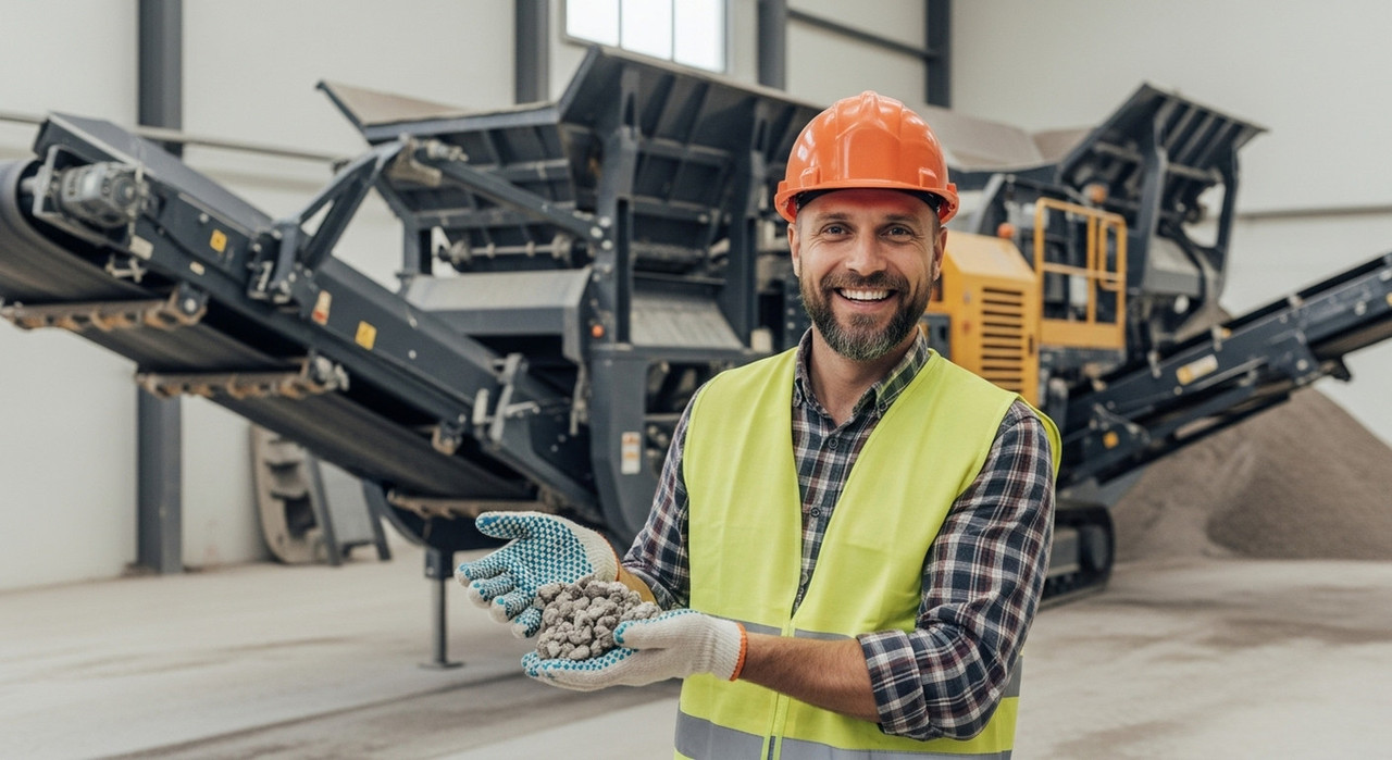 Владелец небольшого цеха демонстрирует переработанный щебень