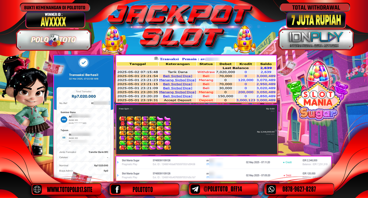 POLOTOTO JACKPOT SLOT MANIA SUGAR Rp.7.020.000,-