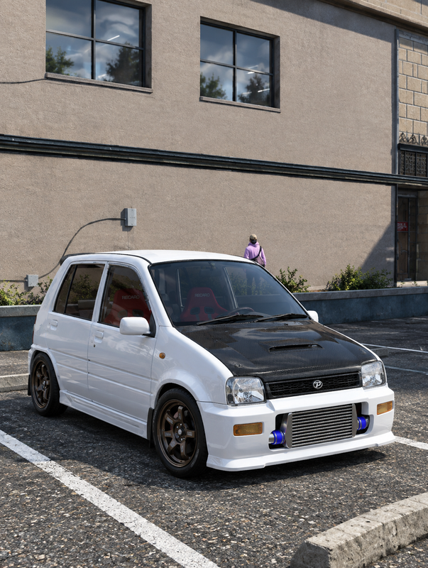 Tuned Hatchback in Sunlit Parking Lot