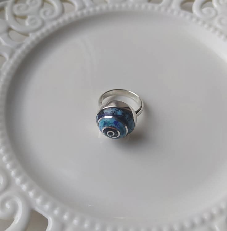 Minankari Ring Ocean Echo, Handmade Sterling Silver, Jewelry from Tbilisi - handmade cloisonne enamel