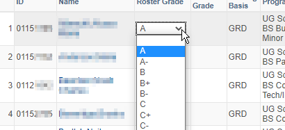 Select grade earned beside student name