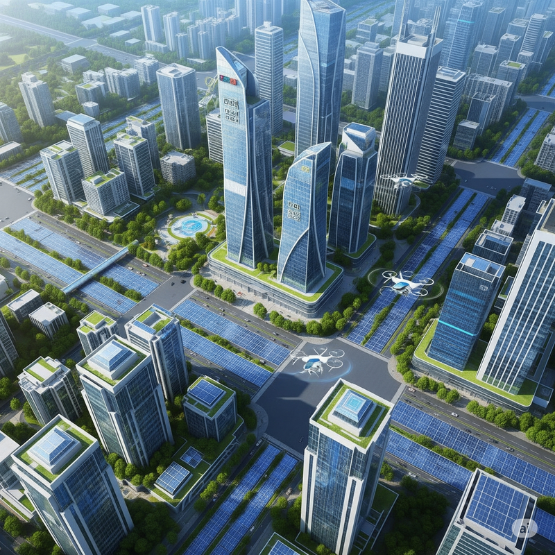 Concept art of a futuristic smart city powered by solar-integrated roads and buildings, inspiring future possibilities.