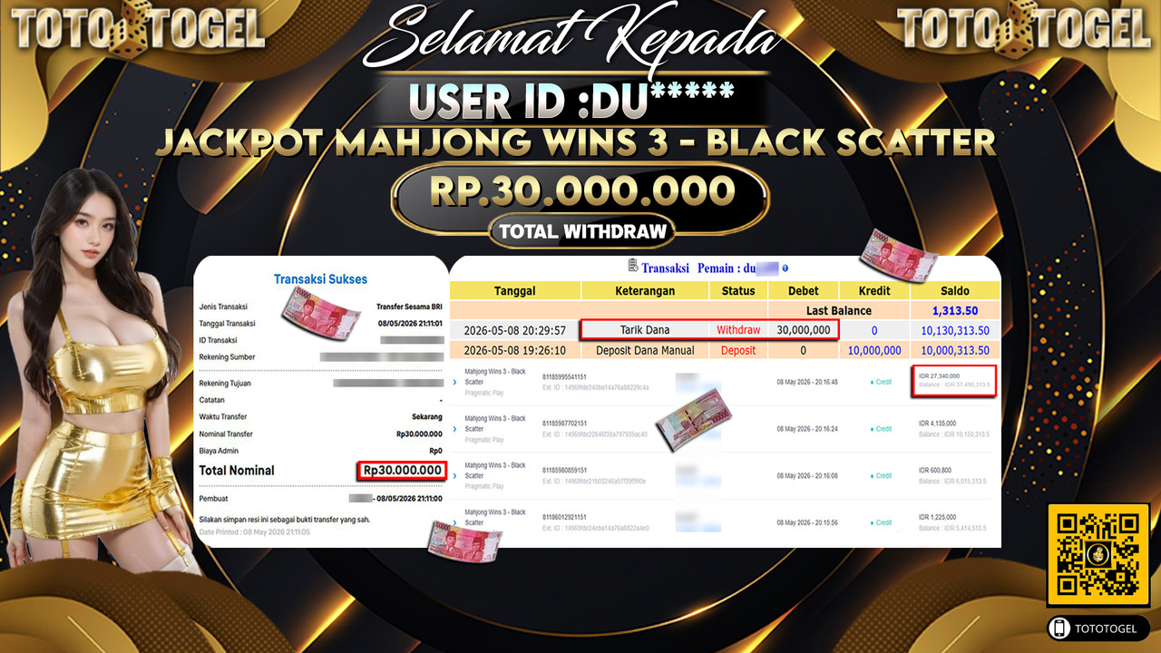 Bukti Pembayaran Jackpot Permainan Slot Mahjong Wins 3 - Black Scatter ID:DU*****LUNAS