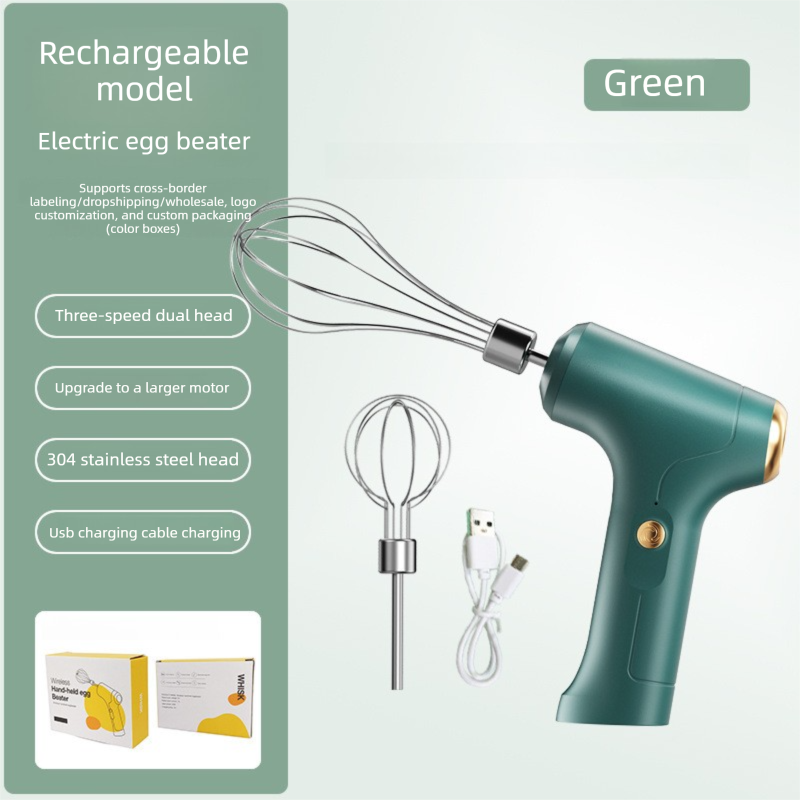 Cordless Electric Hand Mixer - Rechargeable 3-Speed Egg Beater & Cream Whisk - Lightweight Self-Standing Design for Baking, Cake & Batter (Emerald Green)