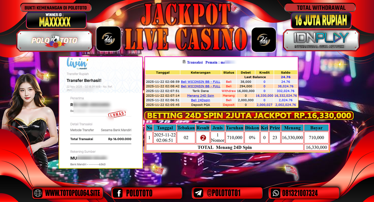 POLOTOTO JACKPOT LIVE CASINO MENANG 24D SPIN Rp.16.000.000,- LUNAS