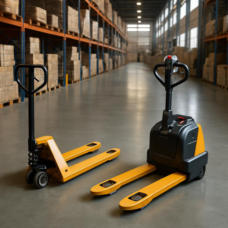 Сравнение механической и электрической гидравлических тележек рохлей на складе