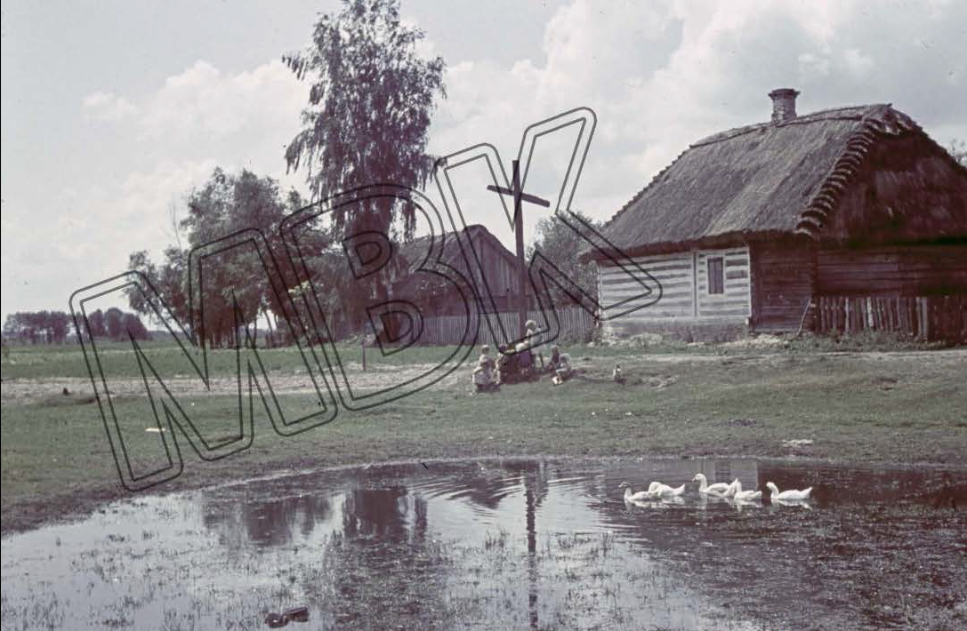 Kinder bei einem großen Holzkreuz, Jelnica, 30. Juni 1942