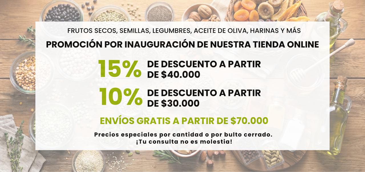 Frutos secos, semillas, condimentos, aceite de oliva, harinas y mas. Promocion por inauguracion de nuestro almacen online. 30% de descuento en tu compra.