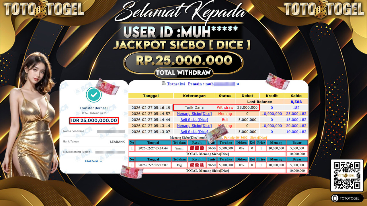Bukti Pembayaran Jackpot Permainan Live Game Sicbo [ Dice ] ID:MUH*****LUNAS