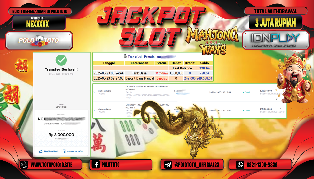 POLOTOTO JACKPOT SLOT MAHJONG WAYS Rp.3.000.000,-