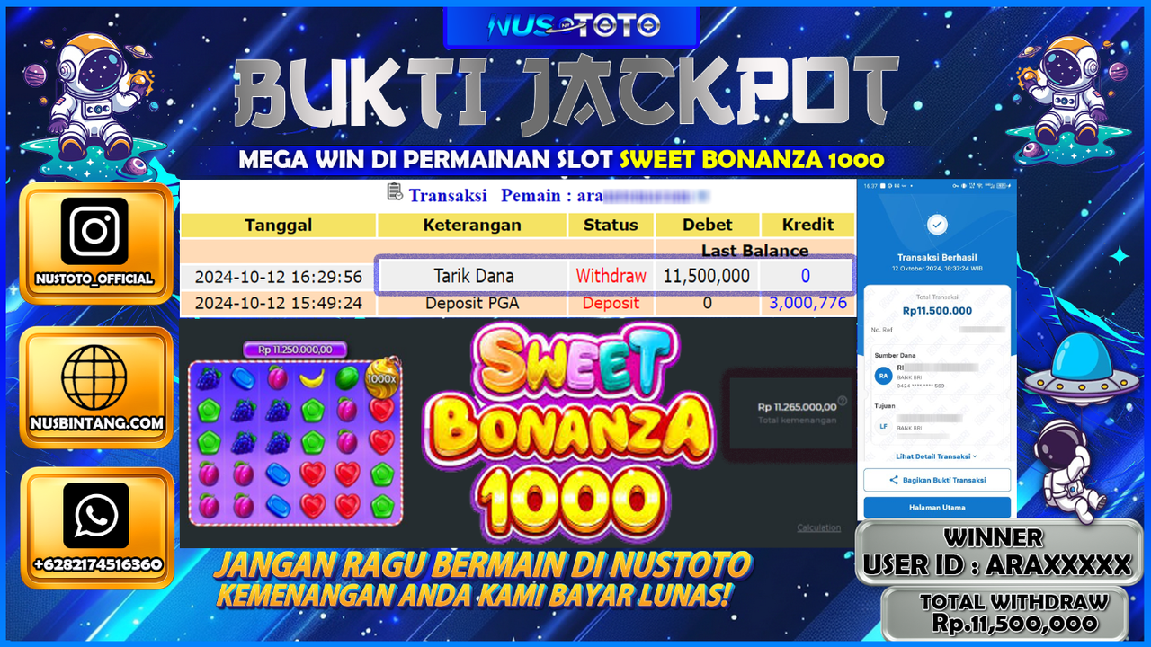 JACKPOT !! MENANG BESAR DI SLOT SWEET BONANZA  1000 Rp. 11.500.000 LANGSUNG DI BAYAR LUNAS NUSTOTO !!