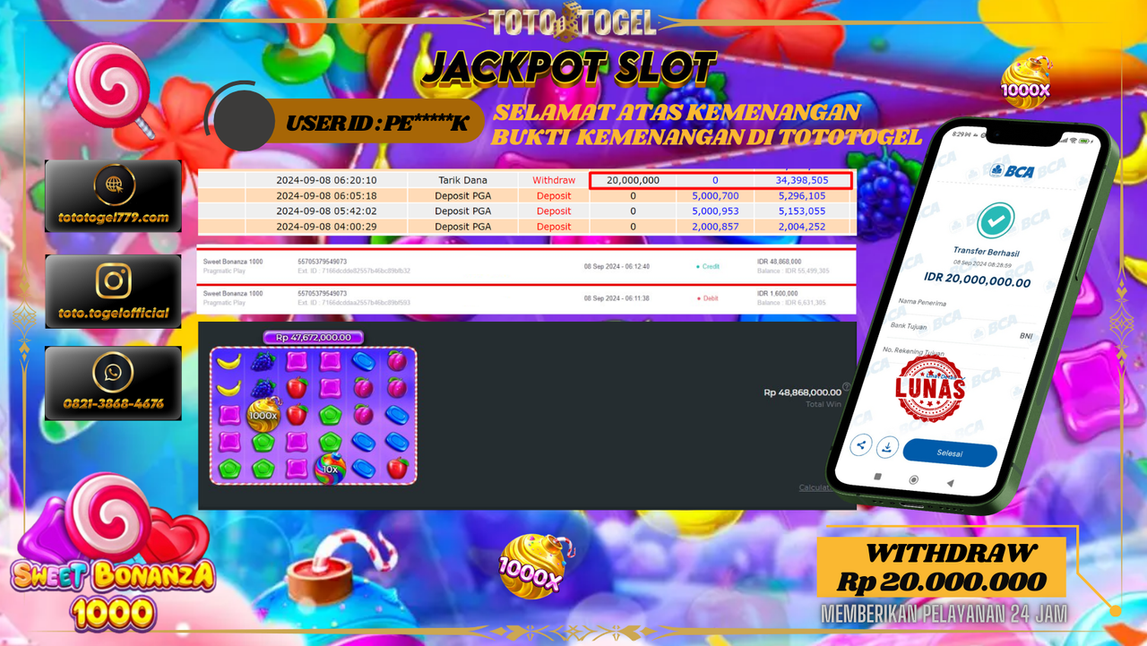 Bukti Kemenangan Permainan Slot Sweet Bonanza 1000  Dengan ID : PE****K  Terbayar Lunas!!