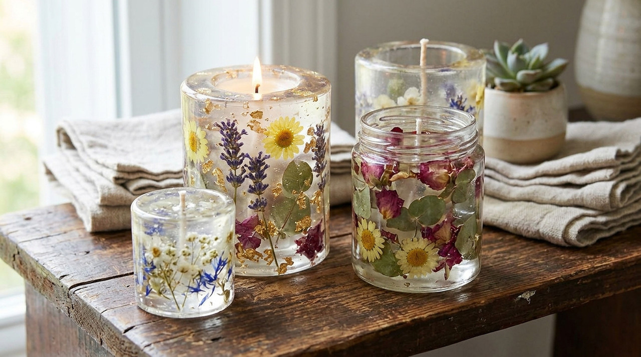 Готовые свечи с залитыми внутри сухоцветами на деревянной поверхности