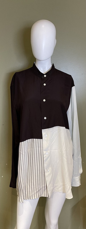 JIL SANDER BROWN/CREAM STRIPE COLLARLESS LONG SLEEVE SHIRT WOMENS 16