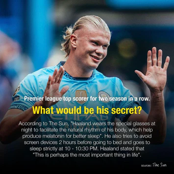 Haaland raising his hand with overlay text about his routine