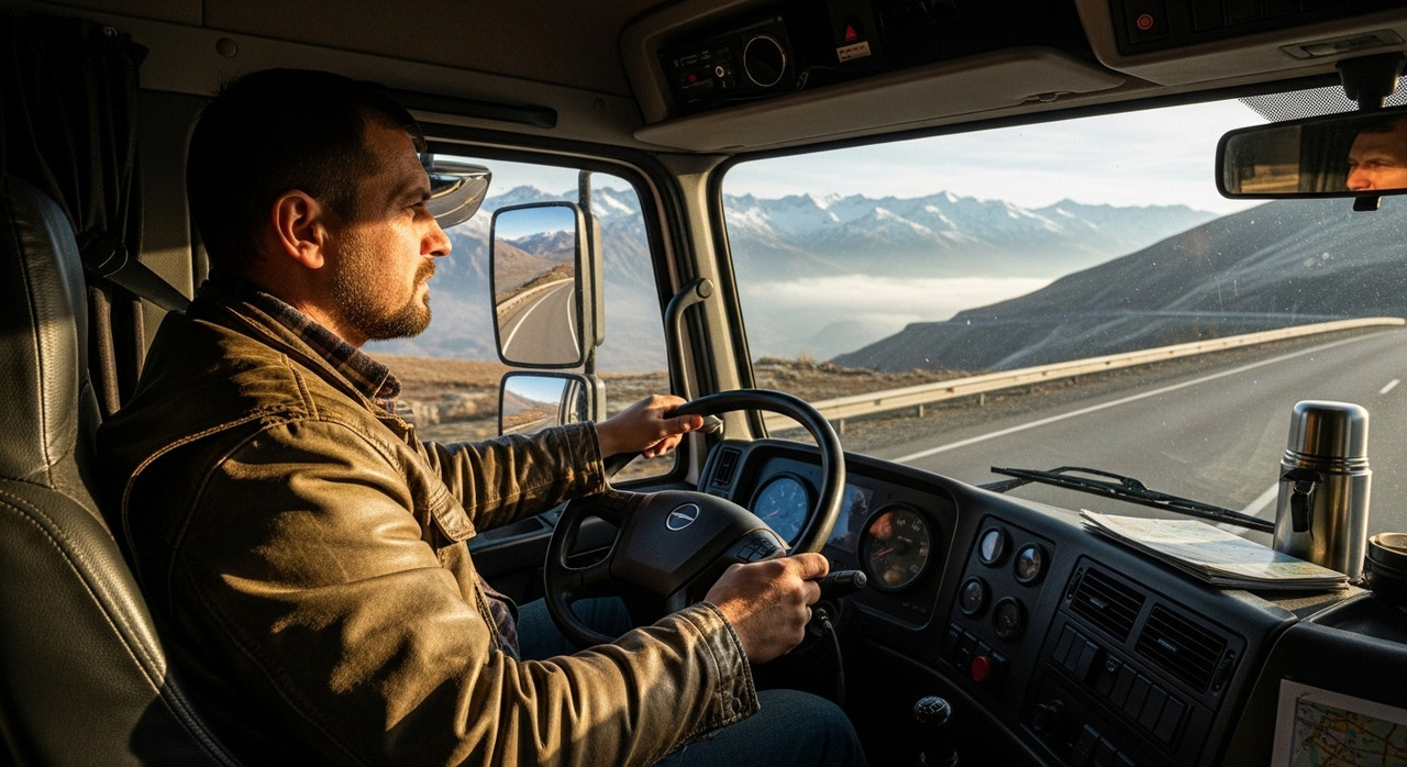 Водитель за рулем грузовика с КПП 12JS200TA