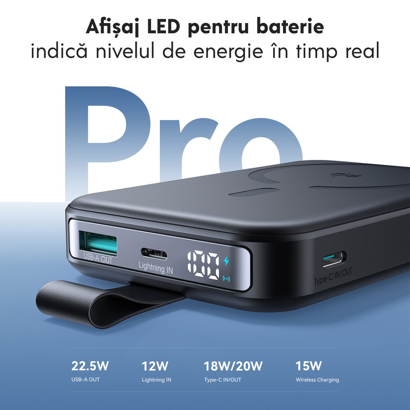 Baterie externa cu incarcare wireless Joyroom PBM11, 22.5W, 1xUSB-C, 1xUSB, PD, QC3.0, 10000 mAh, Incarcare rapida, Afisaj LED, Negru 1 4 a1a0fbd7 0256 4219 bbee d87609b9a74c