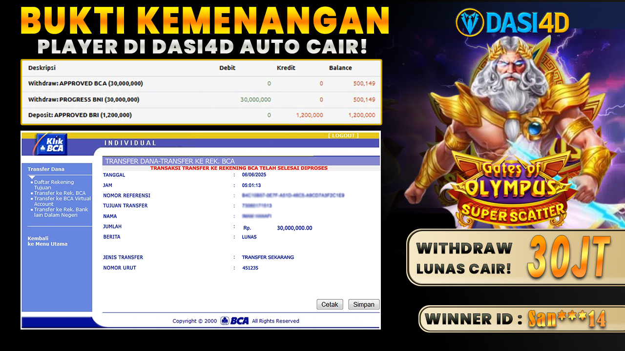 BUKTI KEMENANGAN 06 JUNI 2025 DI GATES OF OLYMPUS SUPER SCATTER WD 30 JUTA