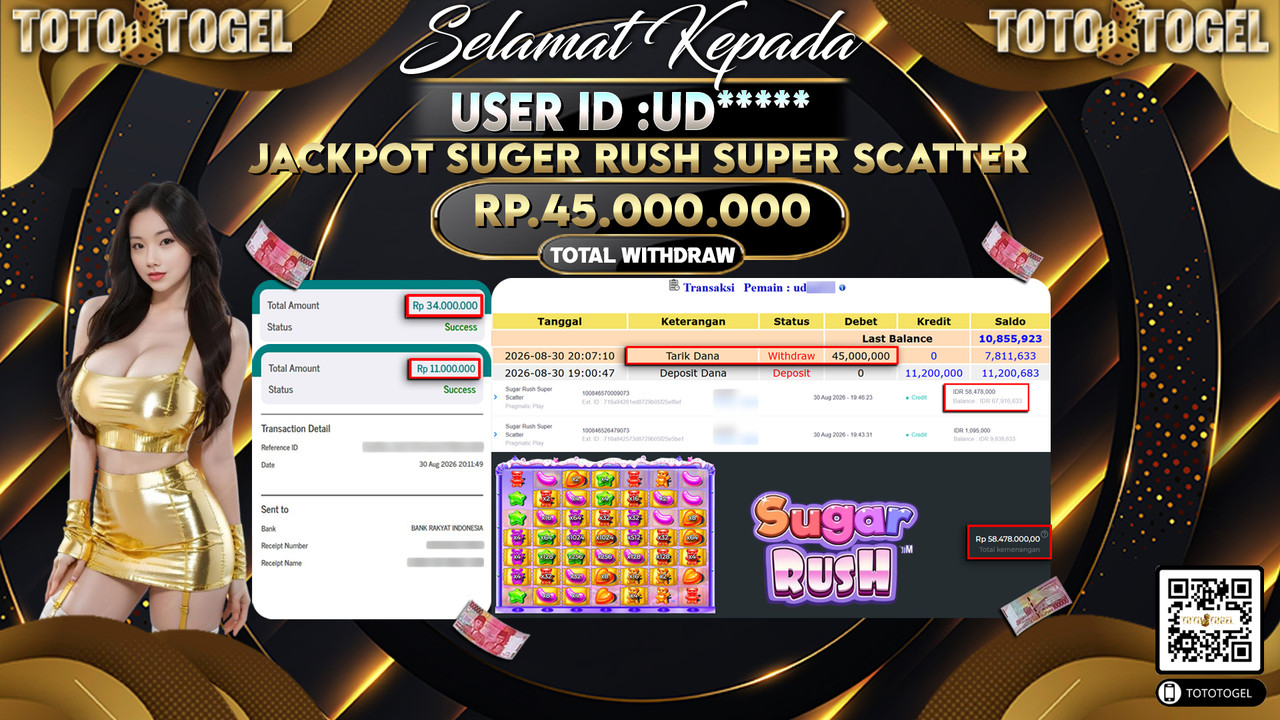 Bukti Pembayaran Jackpot Slot Sugar Rush Super Scatter ID:UD*****LUNAS