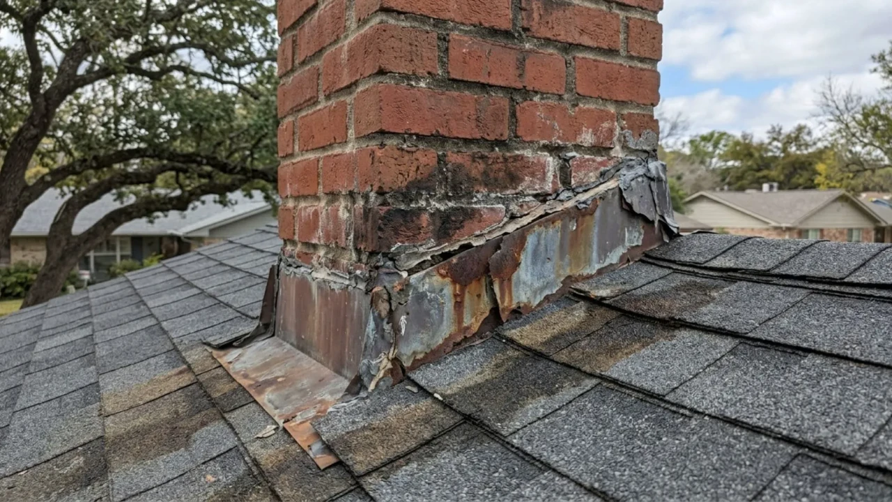 Chimney flashing failure roof leak Austin Texas