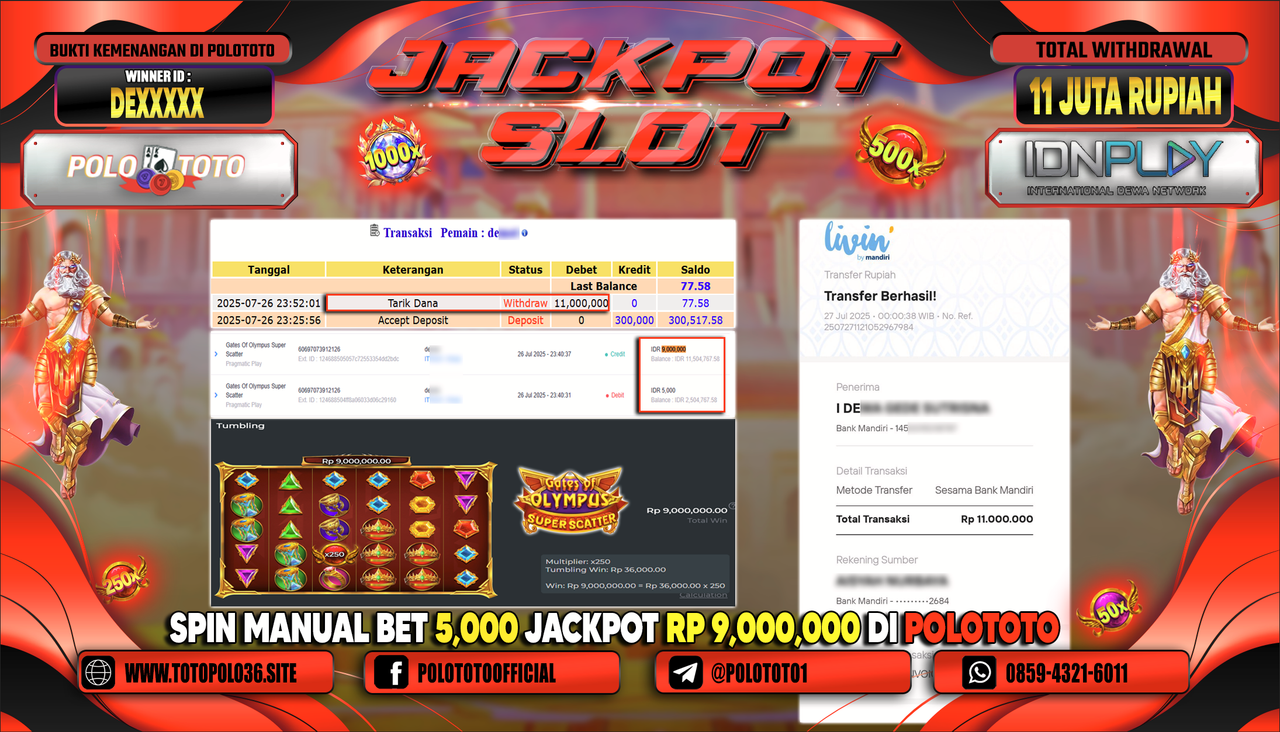 POLOTOTO JACKPOT SLOT GATES OF OLYMPUS  SUPER SCATTER Rp.11.000.000,-LUNAS