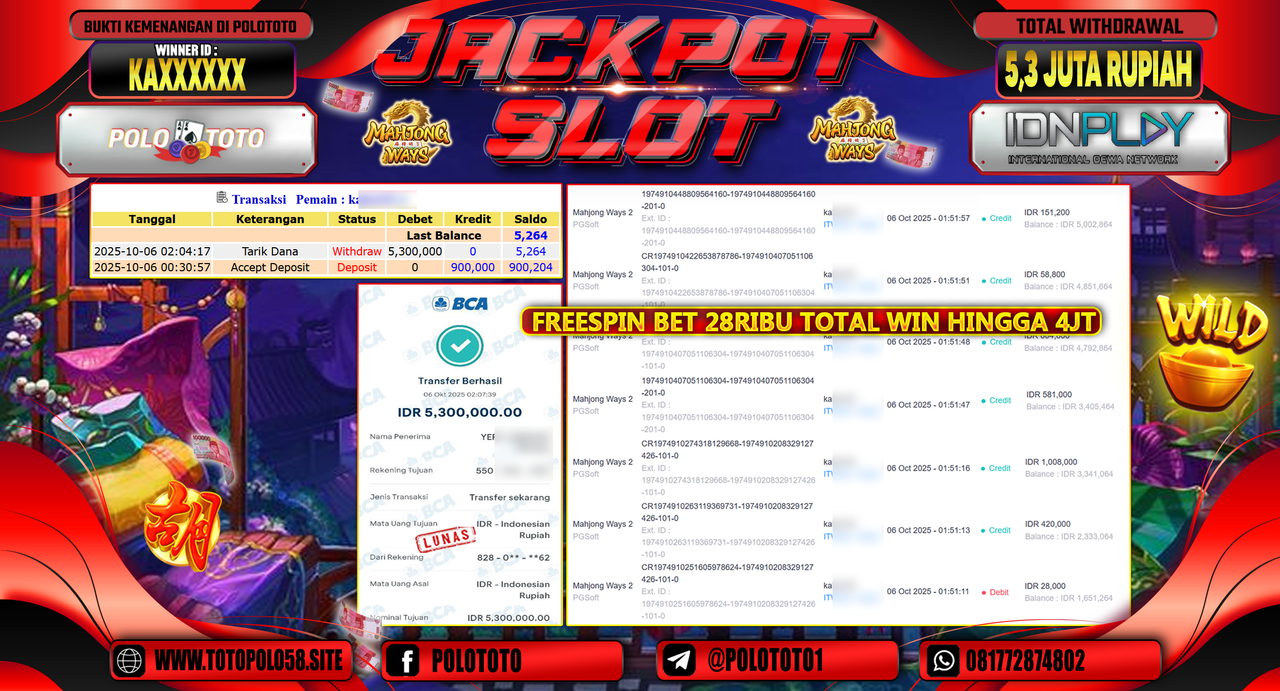 POLOTOTO JACKPOT SLOT MAHJONG WAYS 2 Rp.5.300.000,- LUNAS