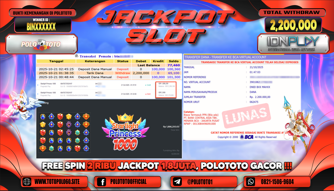 POLOTOTO JACKPOT SLOT STARLIGHT PRINCESS 1000 Rp.2.200.000,-