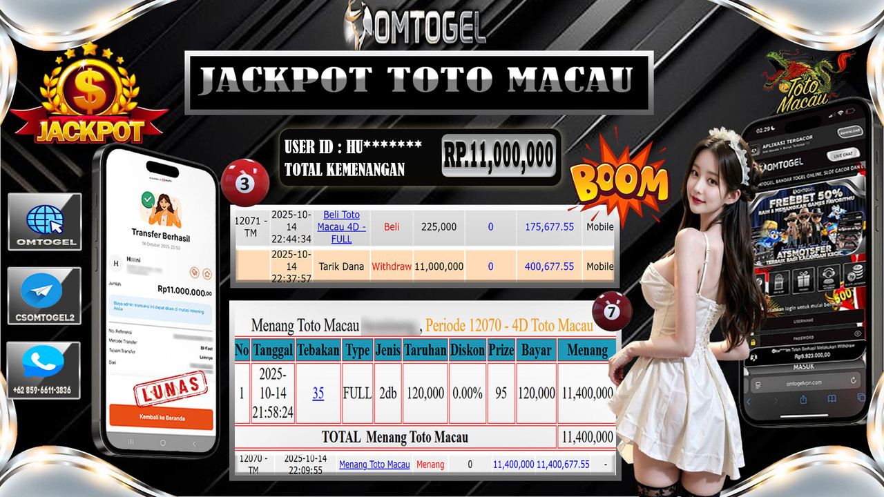 OMTOGEL JACKPOT TOTO MACAU 2D 11 JUTA DI BAYAR LUNAS ,-