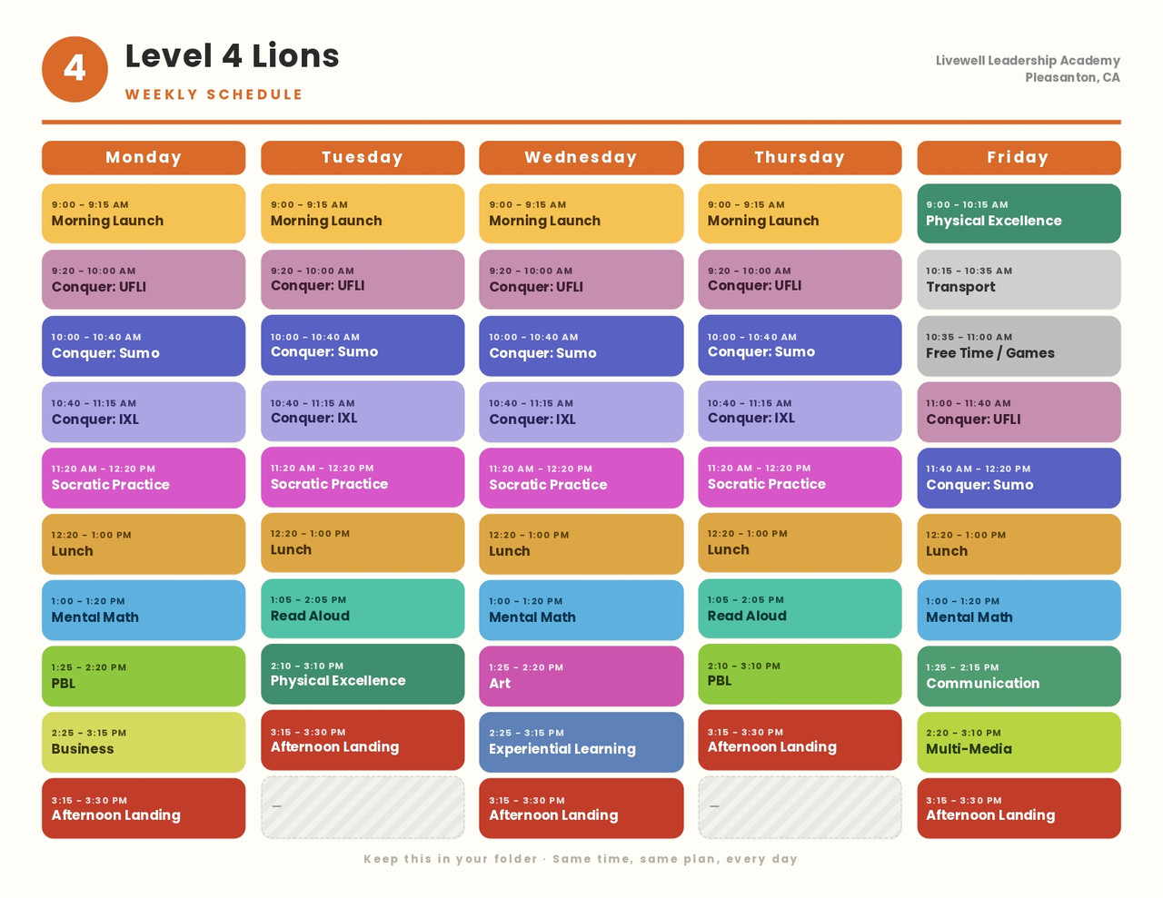 Level 4 Lions Schedule