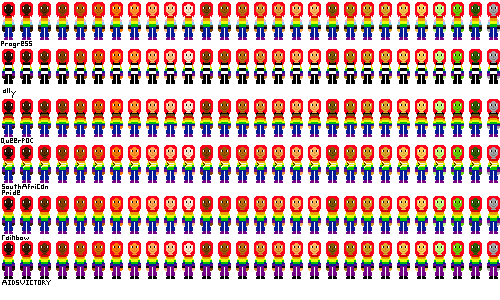 a row of people with pride flag shirts and dark red hair