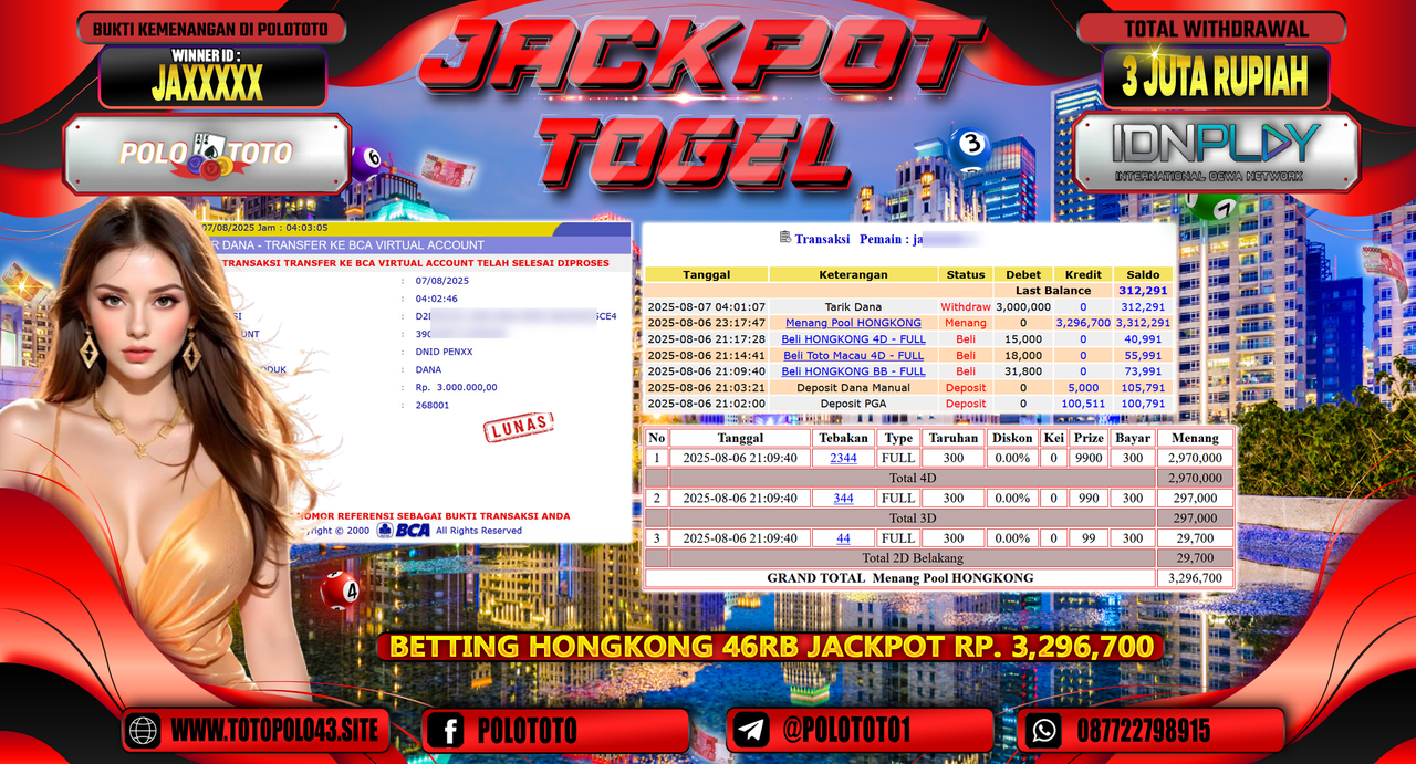 POLOTOTO JACKPOT TOGEL HONGKONG LOTTO Rp.3.000.000,-LUNAS