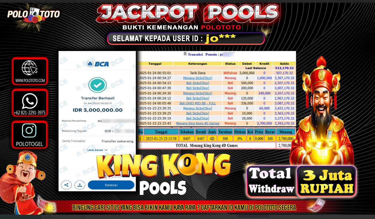 POLOTOTO JACKPOT TOGEL PASARAN KING KONG Rp.3,000.000,-