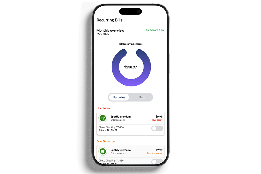 A mockup of the NeoSpend app's bill tracking feature, showing a list of upcoming bills and subscriptions.