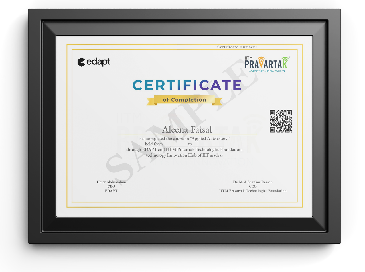 IIT Madras Pravartak Official Certificate