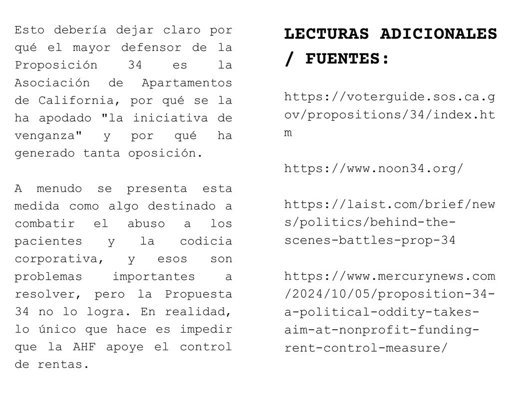 La quinta y sexto página de una zine titulado 'PROP 34 Y POR QUÉ NO ESTÁ AQUI PARA AYUDARNOS'.