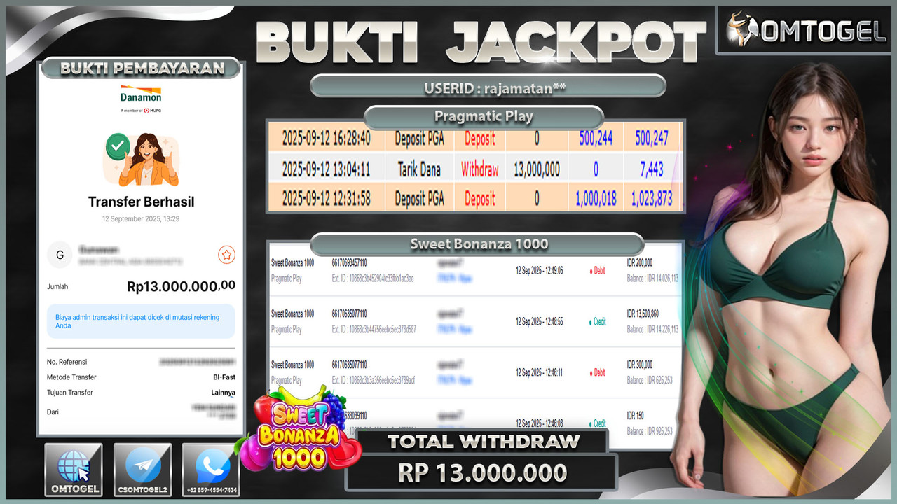 OMTOGEL JACKPOT PRAGMATIC PLAY SWEET BONANZA 1000 13 JUTA DI BAYAR LUNAS ,-