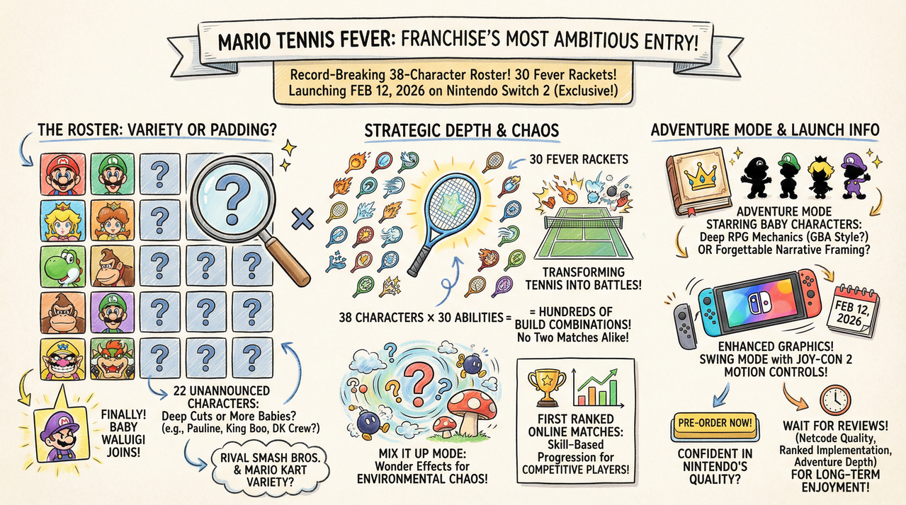 Mario Tennis game showing colorful court action and character roster