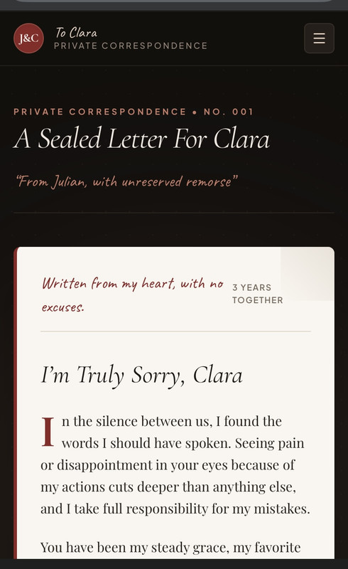 Clara digital apology gift website with heartfelt personal letters and curated photo reflections