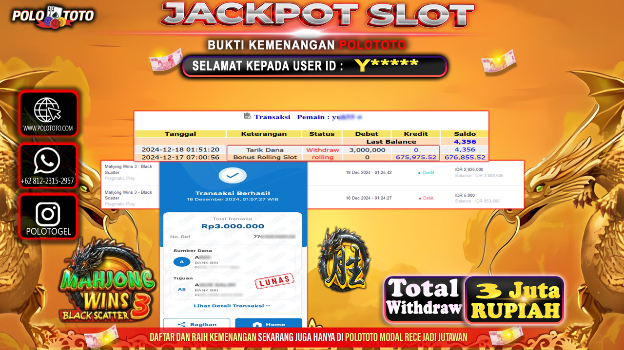 POLOTOTO JACKPOT SLOT MAHJONG WINS BLACK SCATTER 3 Rp.3,000.000,-