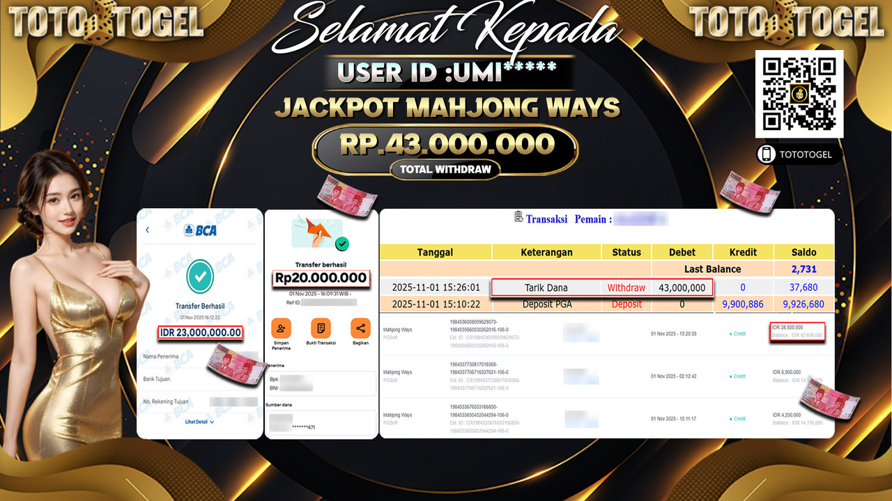 Bukti Pembayaran Jackpot Permainan Slot Mahjong Ways ID:UMI**** LUNAS