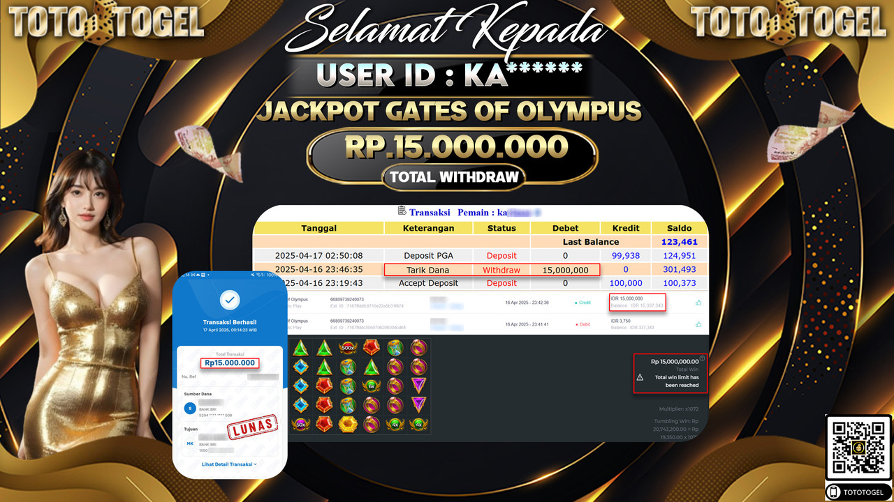 Bukti Pembayaran Jackpot  Permainan Slot Gates Of Olympus ID:KA****** LUNAS