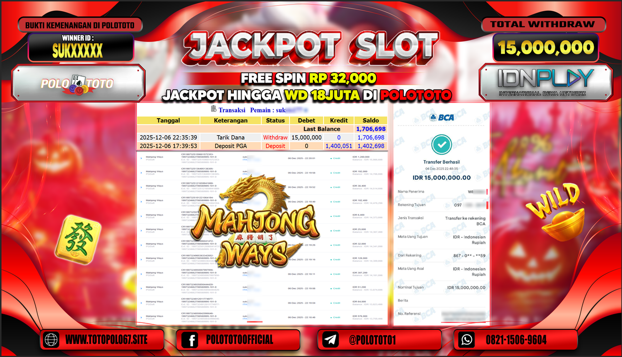 POLOTOTO JACKPOT SLOT MAHJONG WAYS Rp.15.000.000,- LUNAS