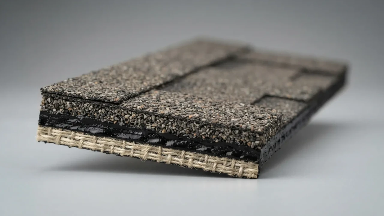 Close-up of three-tab asphalt shingle layers showing fiberglass mat granule construction quality