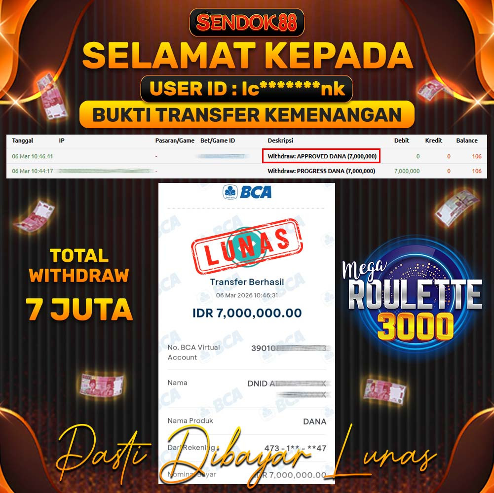 SENDOK88 JEPE! LIVE GAMES MEGA ROULETTE 3000 Rp 7.000.000,- LUNAS!