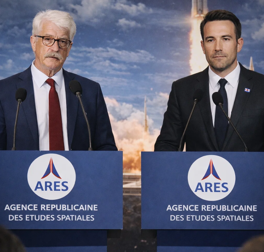 Le Directeur Felix Castex (à gauche) et le Président Duval (à droite) en conférence de presse sur le site de lancement