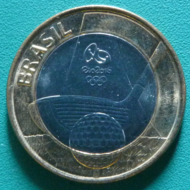 Brasil. Las monedas de los Juegos Olímpicos y Paralímpicos de Rio 2016. BRA-1-Real-2014-JJOO-golf-anv