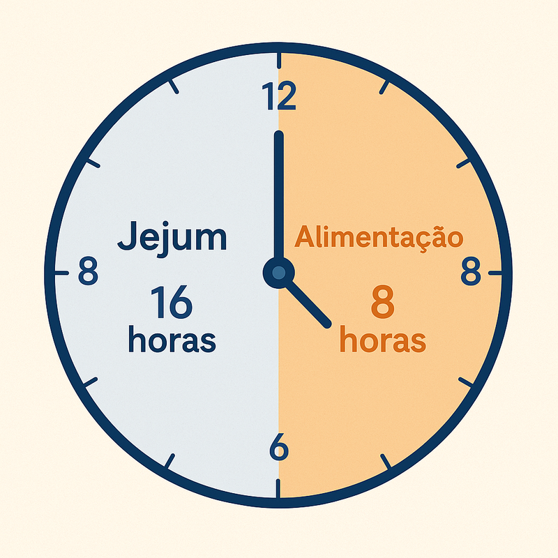 Relógio mostrando janela de 16 horas de jejum e 8 horas de alimentação
