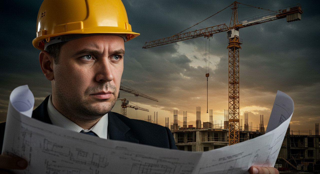 руководитель смотрит чертежи на фоне башенного крана