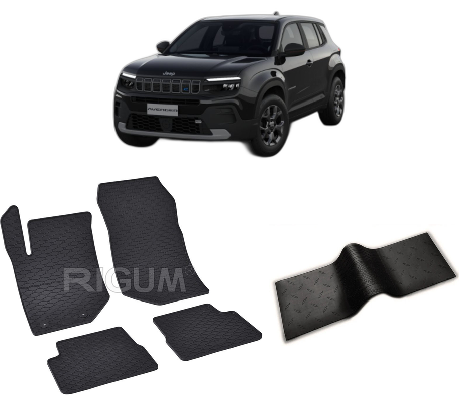 Set covorase auto JEEP AVENGER din 01.2023-PREZENT, cu covoras tunel median, CAROSERIE SUV, Presuri cauciuc 100%, compatibil cu autoturismul JEEP AVENGER, Rigum